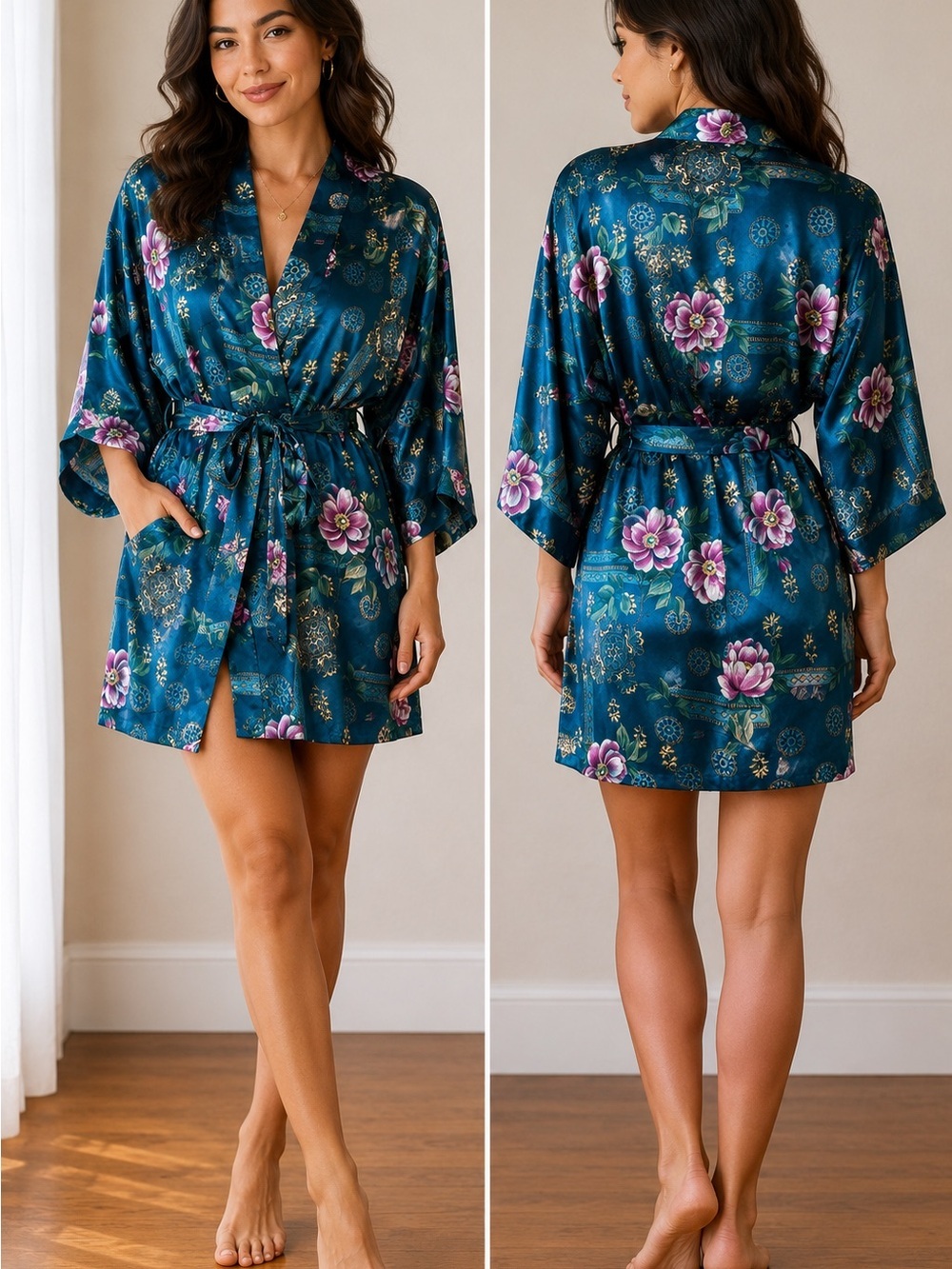 Vintage California Dynasty Satin Floral Robe Belted Glam Loungewear